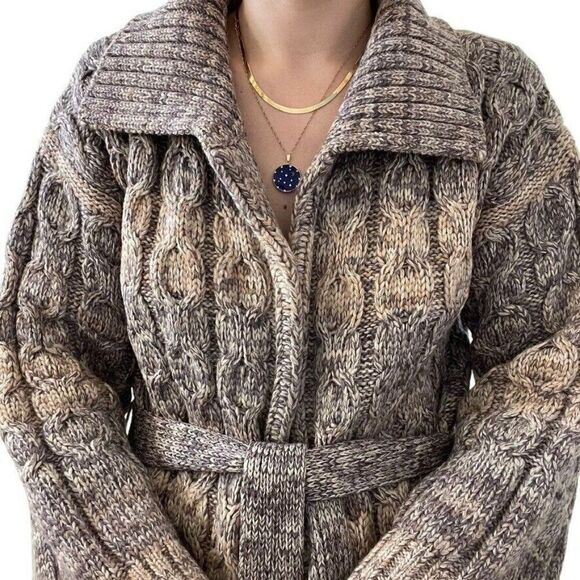 Vintage Womens Hand Knit Brown Wool Oversized Cable Fisherman Cardigan Sz L - Picture 6 of 9
